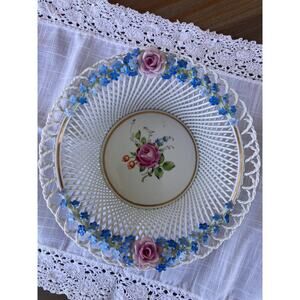 1917 Von Schierholz Porcelain Basket: German Floral Woven Trinket Dish